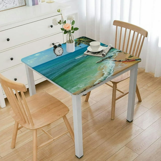 nygtbtfer Square Vinyl Fitted Tablecloth, Beach Decor Print Polyester Table Cloth, Tropical Ocean Scenery Palm Trees Fishing, Fit Round Tables , Home Kitchen Dining Table Decoration white
