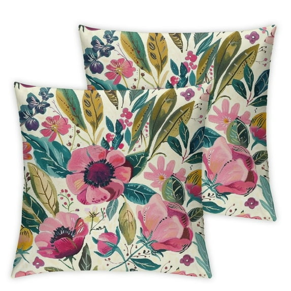 nygtbtfer Summer Flower Throw Pillow Covers  Watercolor Peony Pillowcase Hot Pink Floras With Green Leaves Girly Decorative Square  Cushion Cover Set Of 2 For Home Garden Outdoor Bed Decorations White