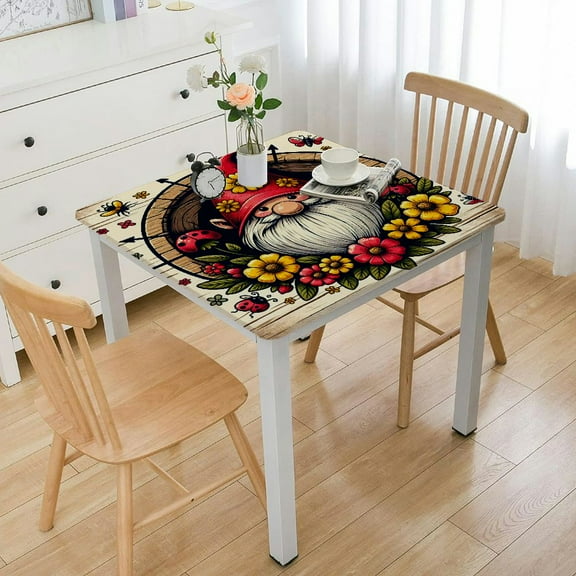 nygtbtfer Summer Gnomes with Tablecloth, Fitted Table Cover with Elastic for Tables, Vintage Daisy Flowers Wooden Table Cloth Outdoor Indoor Dinning Party Tablecloths