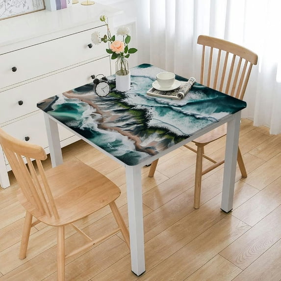 nygtbtfer Summer Sea Wave Teal Ocean Table Cover,Fitted Tablecloth for Table Washable Elastic Stretch Patio Tablecloths,Coastal Brown Beach Sand Table Cloth for Cocktail Wedding Party