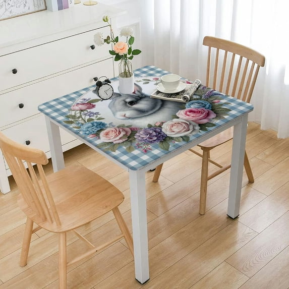 nygtbtfer Table Cloth, Fitted Tablecloths with Elastic Edge, Wipeable Table Cover for Kitchen Wedding Colored Eggs Flower Plaid Blue
