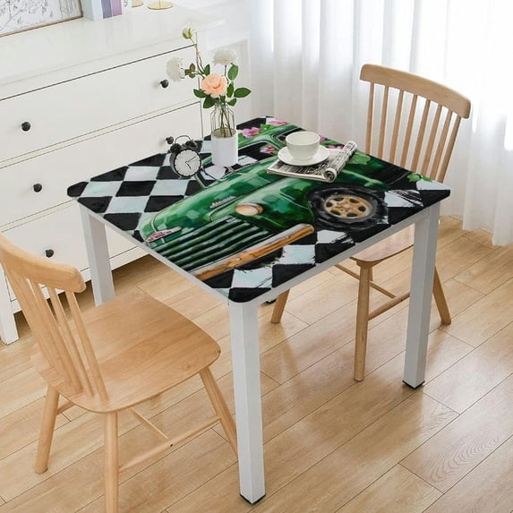 nygtbtfer Table Cloth, Fitted Tablecloths with Elastic Edge, Wipeable Table Cover for Kitchen Wedding Farmhouse Green Car Black