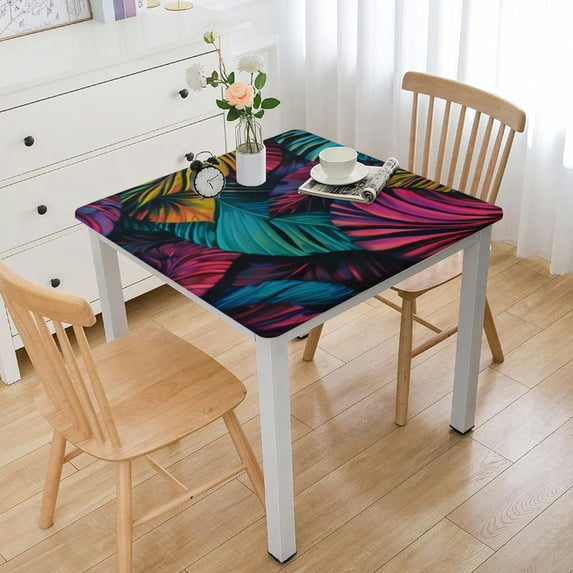 nygtbtfer Tablecloth with Elastic Edge, Square Fitted Table Cloth, Wipeable Table Cover for Indoor Party Kitchen Dinner Fits DiameterSquare Table, Colorful Palm Leaves white
