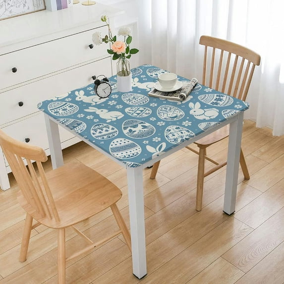 nygtbtfer Tablecloth Fitted Table Cover, Elastic Tablecloths Outdoor Indoor Stretch Cloth Tablecover for Dinner, Party, Shower, Blue Easter Rabbits Spring Holiday White