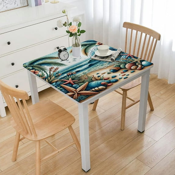 nygtbtfer Tablecloths Polyester Fabric Table Cover Decor for Oblong/Rectangle Table,Home Dining,Outdoor,Party,Brown Aqua Summer Elastic Edge White