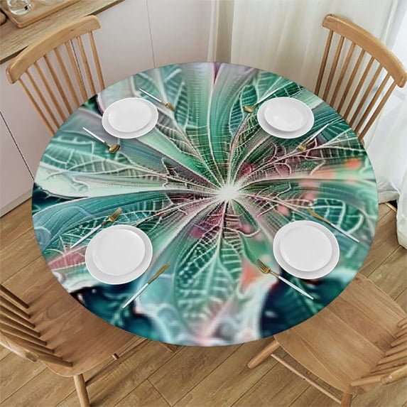 nygtbtfer Teal Round Tablecloth with Elastic Edge Flower Shaped Spiral Digital Vortex Pattern Proof Table Cloth Wipe Clean Table Cover for Indoor and Outdoor Layered Floral 42-46