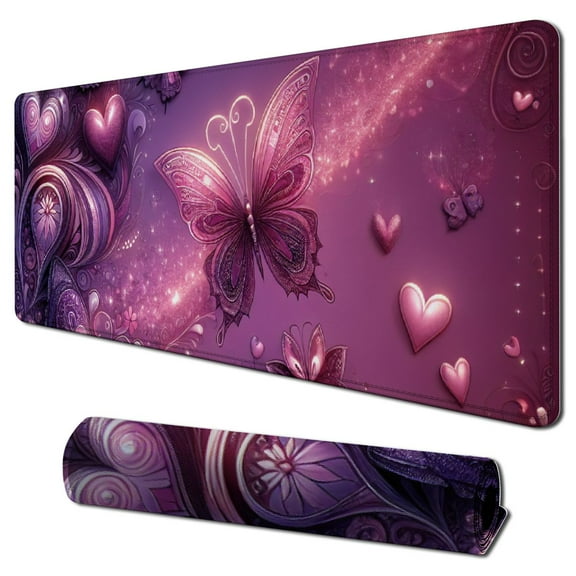 nygtbtfer  Upgraded Extended Gaming Mouse Pad, Keyboard Wrist Rest Pad, Wrist Support Mousepad Set, Large Rubber Base Stitched Edges, Multifunctional Desk Pad  Purple Heart Butterfly 31.5x11.8 in