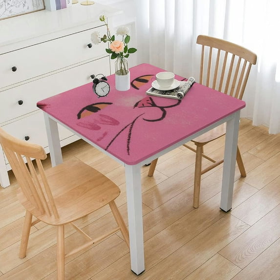 nygtbtfer Vinyl Table Cover Elastic Edged Adorable Cat Pink Printed Tablecloths Heavy Duty Fitted forSquare Table Oil-Proof Wipeable PVC Table Cloth white