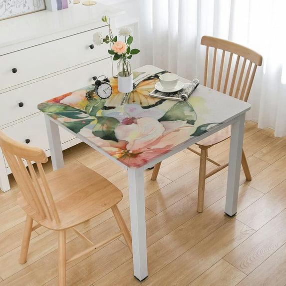 nygtbtfer Vinyl Table Cover Elastic Edged Pink Rose Butterflies Tablecloths Heavy Duty Fitted for TableOil-Proof Wipeable PVC Table Cloth white