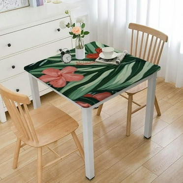 nygtbtfer  Vinyl Table Cover Elastic Edged Tropical Flower Leaves Pattern Tablecloths Heavy Duty Fitted for Square Table Oil-Proof Wipeable PVC Table Cloth white