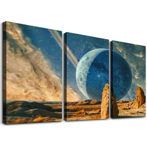 nygtbtfer Wall Art Prints Paintings Stretched & Framed Planet Sci Fi Landscape Poster Home Living Room Decoration Ready to Hang Canvas Pictures 12x16x3pcs