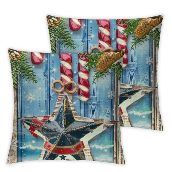 nygtbtfer Welcome Christmas Throw Pillow Cover Vintage Anchor Holly Plant with Striped Background Pillow Case Winter Holiday Farmhouse Cushion Cover for Home Couch Bed, Set of 2 White
