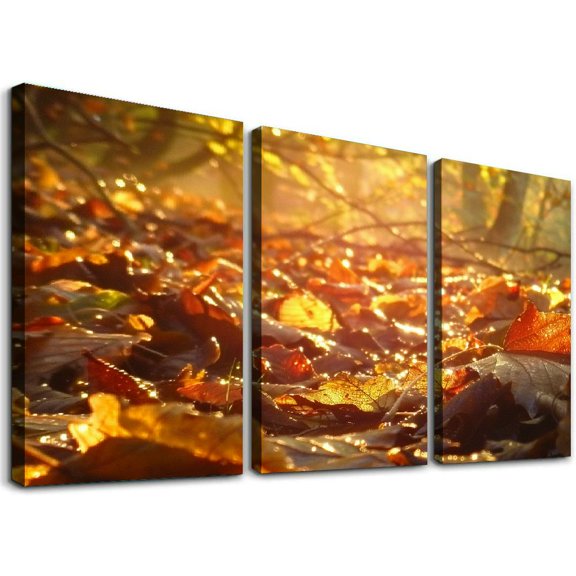 nygtbtfer  Window View Wall Art Golden Fallen Leaves Picture Natural Forest Autumn Landscape Canvas Prints Modern Home Decor Large Poster for Living Room Framed Ready to Hang 12x16x3pcs