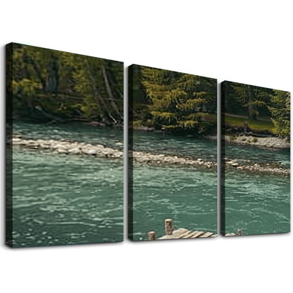 nygtbtfer Wooden Bridge River Forest Landscapes Treble Canvas Art Print Box Framed Picture Wall Hanging - Hand - Framed and Ready to Hang 12x16x3pcs