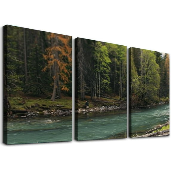 nygtbtfer Wooden Bridge River Forest Landscapes Treble Canvas Art Print Box Framed Picture Wall Hanging - Hand - Framed and Ready to Hang 12x16x3pcs