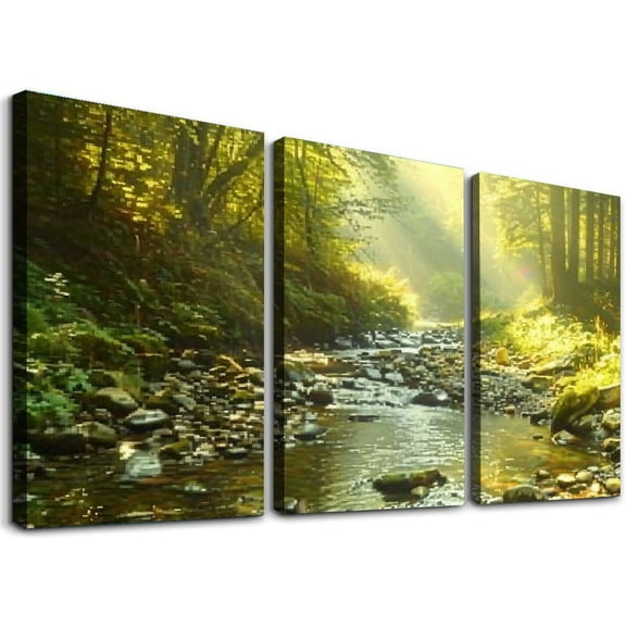 nygtbtfer Woodland River Stream Forest Landscapes SINGLE Canvas Art Print Box Framed Picture Wall Hanging - Hand - Framed And Ready To Hang 12x16x3pcs