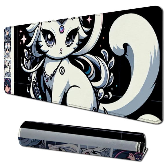 nygtbtfer cravateSlim Pink Desk Pad Anime White Cat Gaming Mouse Pad Large, Desk Office Decor Mouse Pad for Women Desktop with Stitched Edges Non-Slip Rubber Computer Mat 31.5x11.8 in