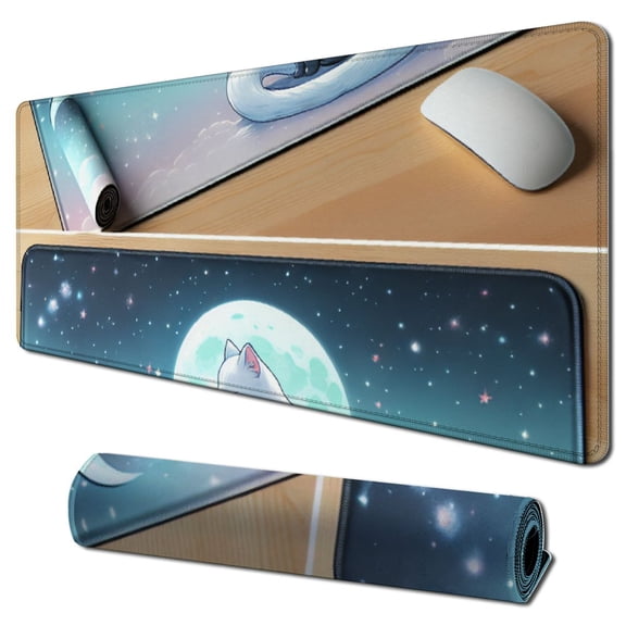 nygtbtfer cravateSlim Pink Desk Pad Anime White Cat Gaming Mouse Pad Large, Desk Office Decor Mouse Pad for Women Desktop with Stitched Edges Non-Slip Rubber Computer Mat 31.5x11.8 in