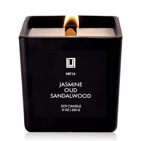 Lulu Candles | Jasmine, Oud & Sandalwood | Luxury Wood Wick Candle in Matte Black Jar – Highly Scented Soy Candle with Incense, Citrus & Clove | Long Lasting, Aromatherapy Candle, Gift for All