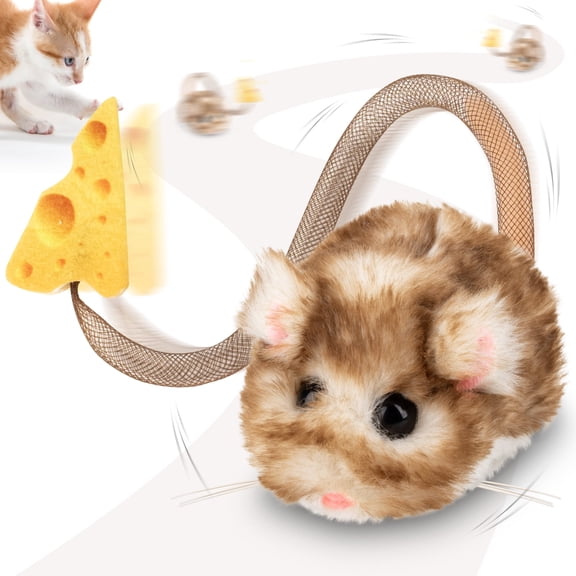Migipaws Interactive Automatic Rolling Plush Mouse Cat Toy Touch Activate Mouse Squeak Long Wag Tail Catnip for Kitten Hunting Play