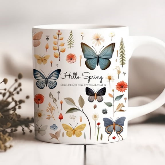 o Spring Floral Cup Butterfly & Flower Ceramic Mug.