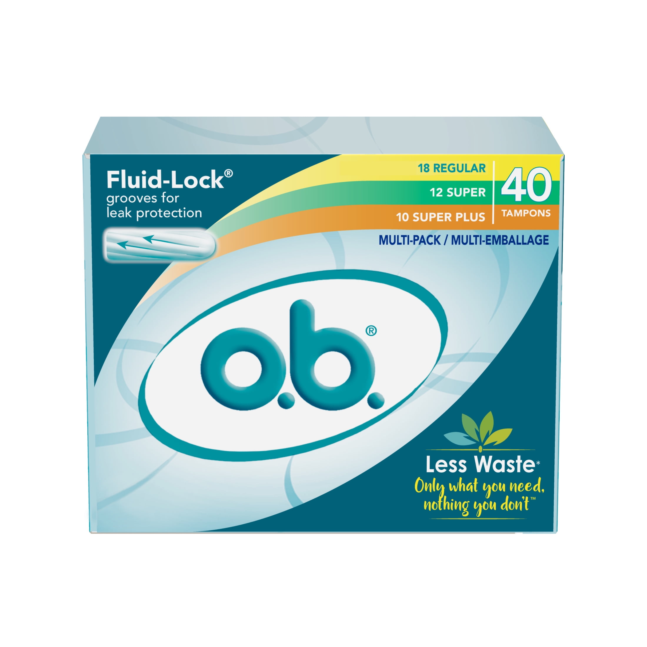 o.b. Original Applicator-Free Tampons, Multi-Pack Regular, Super, & Super Plus Absorbency, 40 Ct
