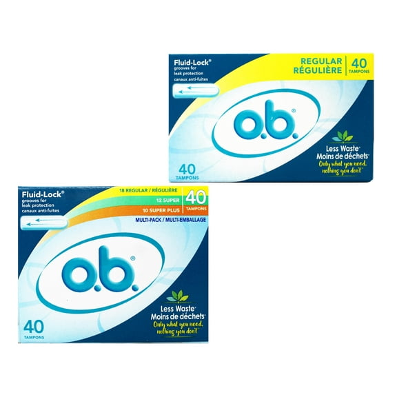 o.b. Tampons | Non-Applicator, Unscented | Regular 40ct & Multipack with Regular/Super/Super Plus 40ct