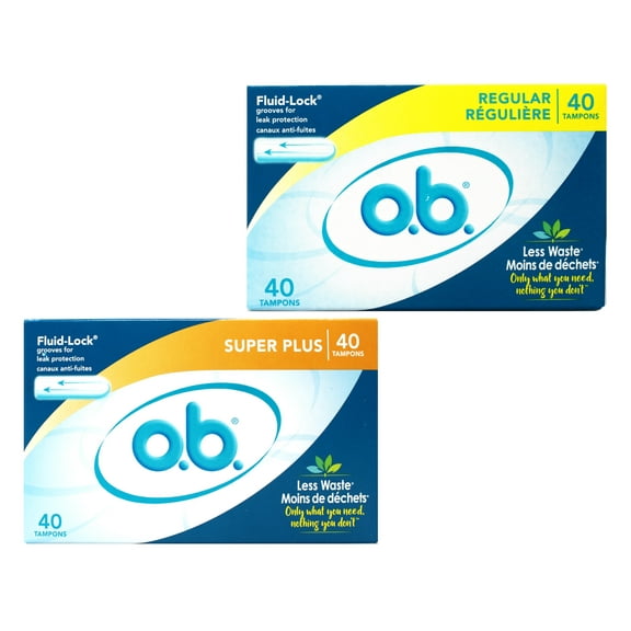 o.b. Tampons | Non-Applicator, Unscented | Regular 40ct & Super Plus 40ct
