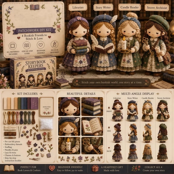 oTemrcloc Patchwork DIY Kit Storybook Keepers 4 Figure Set Bookish Felt Craft with Librarian Story Writer Candle Reader and Secret Archivist