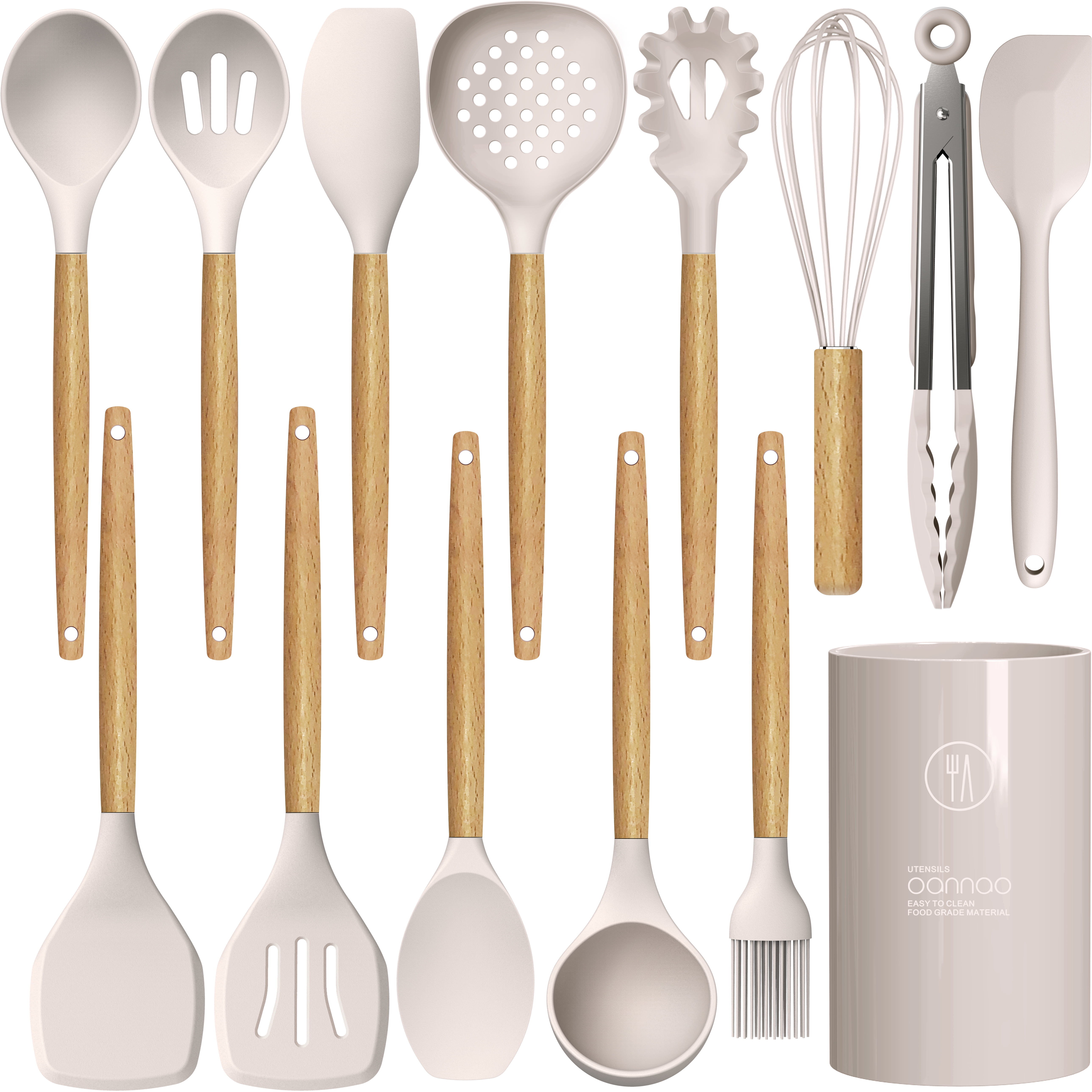 oannao Silicone Cooking Utensils Set - 446°F Heat Resistant Silicone Kitchen Utensils for Cooking,Kitchen Utensil Spatula Set w Wooden Handles,Holder, BPA FREE Gadgets for Non-Stick Cookware (Khaki)