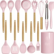 oannao Silicone Cooking Utensils Set - 446 F Heat Resistant Silicone Kitchen Utensils for Cooking,Kitchen Utensil Spatula Set w Wooden Handles,Holder, BPA FREE Gadgets for Non-Stick Cookware Pink