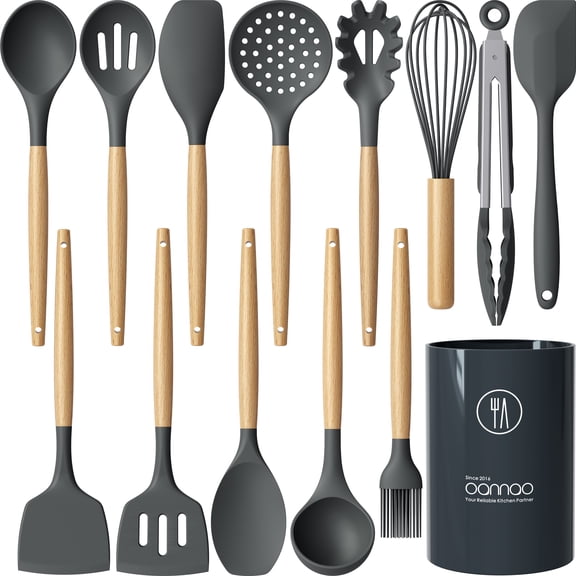 oannao Silicone Cooking Utensils Set - 446°F Heat Resistant Silicone Kitchen Utensils for Cooking,Kitchen Utensil Spatula Set w Wooden Handles,Holder, BPA FREE Gadgets for Non-Stick Cookware (Grey)
