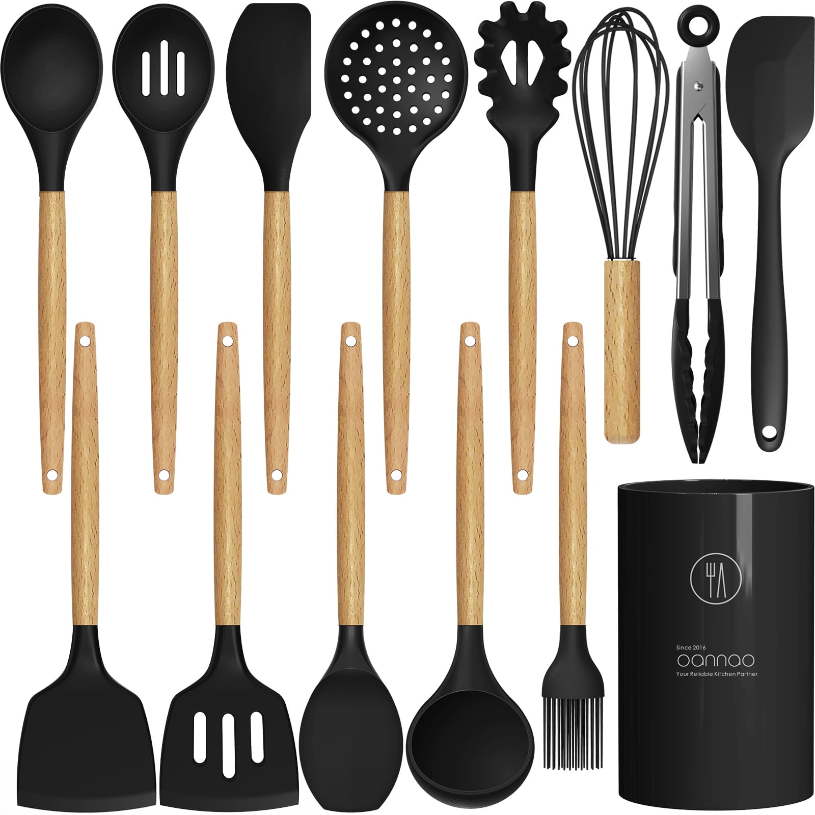 oannao Silicone Cooking Utensils Set - 446°F Heat Resistant Silicone Kitchen Utensils for Cooking,Kitchen Utensil Spatula Set w Wooden Handles,Holder, BPA FREE Gadgets for Non-Stick Cookware (Black) - Walmart.com