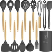 oannao Silicone Cooking Utensils Set - 446 F Heat Resistant Silicone Kitchen Utensils for Cooking,Kitchen Utensil Spatula Set w Wooden Handles,Holder, BPA FREE Gadgets for Non-Stick Cookware Grey