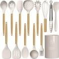 thumbnail interactive-video image 1 of oannao Silicone Cooking Utensils Set - 446°F Heat Resistant Silicone Kitchen Utensils for Cooking,Kitchen Utensil Spatula Set w Wooden Handles,Holder, BPA FREE Gadgets for Non-Stick Cookware (Khaki), 1 of 11