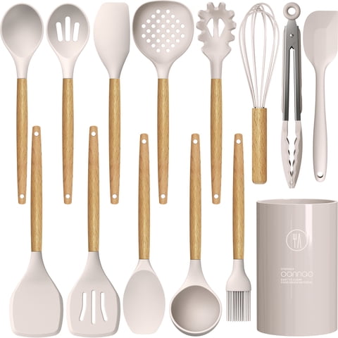 oannao Silicone Cooking Utensils Set - 446°F Heat Resistant Silicone Kitchen Utensils for Cooking,Kitchen Utensil Spatula Set w Wooden Handles,Holder, BPA FREE Gadgets for Non-Stick Cookware (Khaki)
