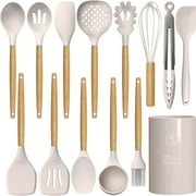oannao Silicone Cooking Utensils Set - 446 F Heat Resistant Silicone Kitchen Utensils for Cooking,Kitchen Utensil Spatula Set w Wooden Handles,Holder, BPA FREE Gadgets for Non-Stick Cookware Khaki