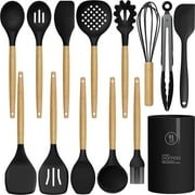 oannao Silicone Cooking Utensils Set - 446°F Heat Resistant Silicone Kitchen Utensils for Cooking,Kitchen Utensil Spatula Set w Wooden Handles,Holder, BPA FREE Gadgets for Non-Stick Cookware (Black) deal from Walmart