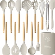 oannao Silicone Cooking Utensils Set - 446°F Heat Resistant Silicone Kitchen Utensils for Cooking,Kitchen Utensil Spatula Set w Wooden Handles,Holder, BPA FREE Gadgets for Non-Stick Cookware (Khaki)
