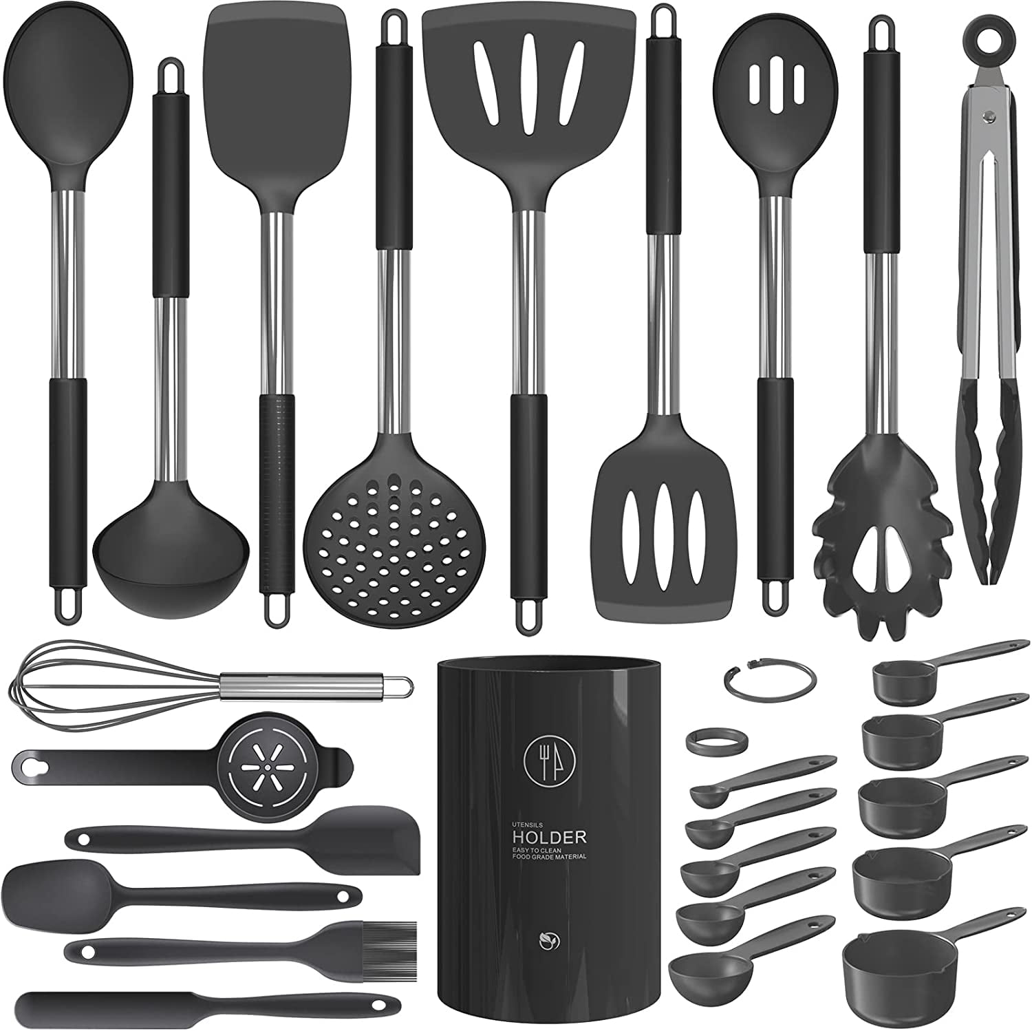 Kitchen Utensils Set- 35 PCs Cooking Utensils with Grater,Tongs, Spoon  Spatula &Turner Made of Heat Resistant Food Grade Silicone and Wooden  Handles Kitchen Gadgets Tools Set for Nonstick Cookware