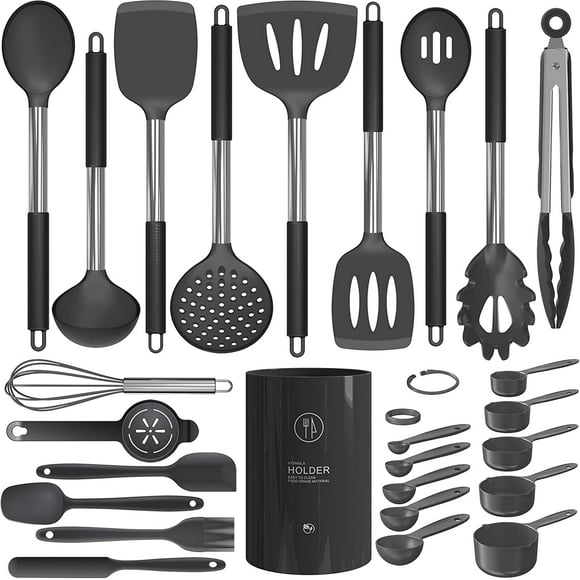 oannao Silicone Cooking Utensils Set - Heat Resistant Stainless Steel Kitchen Utensils, Baking Tools Kitchen Gadgets,Turner,Tongs,Spatula,Spoon,Brush,Whisk,Non-Stick Friendly, Dishwasher Safe (Grey)