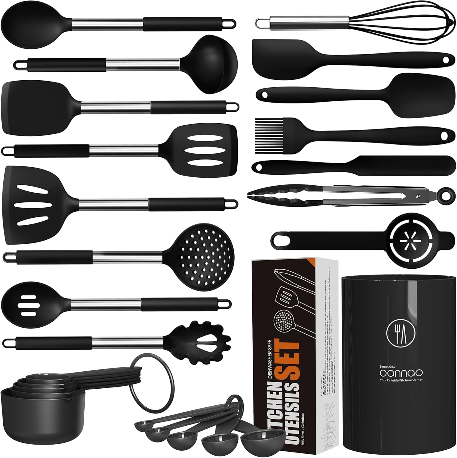 Large Silicone Cooking Utensils Set - Heat Resistant Kitchen Utensils Sets,Spatula,Spoon,Turner Tongs,Brush,Whisk,Stainless Steel Silicone Cooking Utensil for Nonstick Cookware Dishwasher Safe (Black - Walmart.com