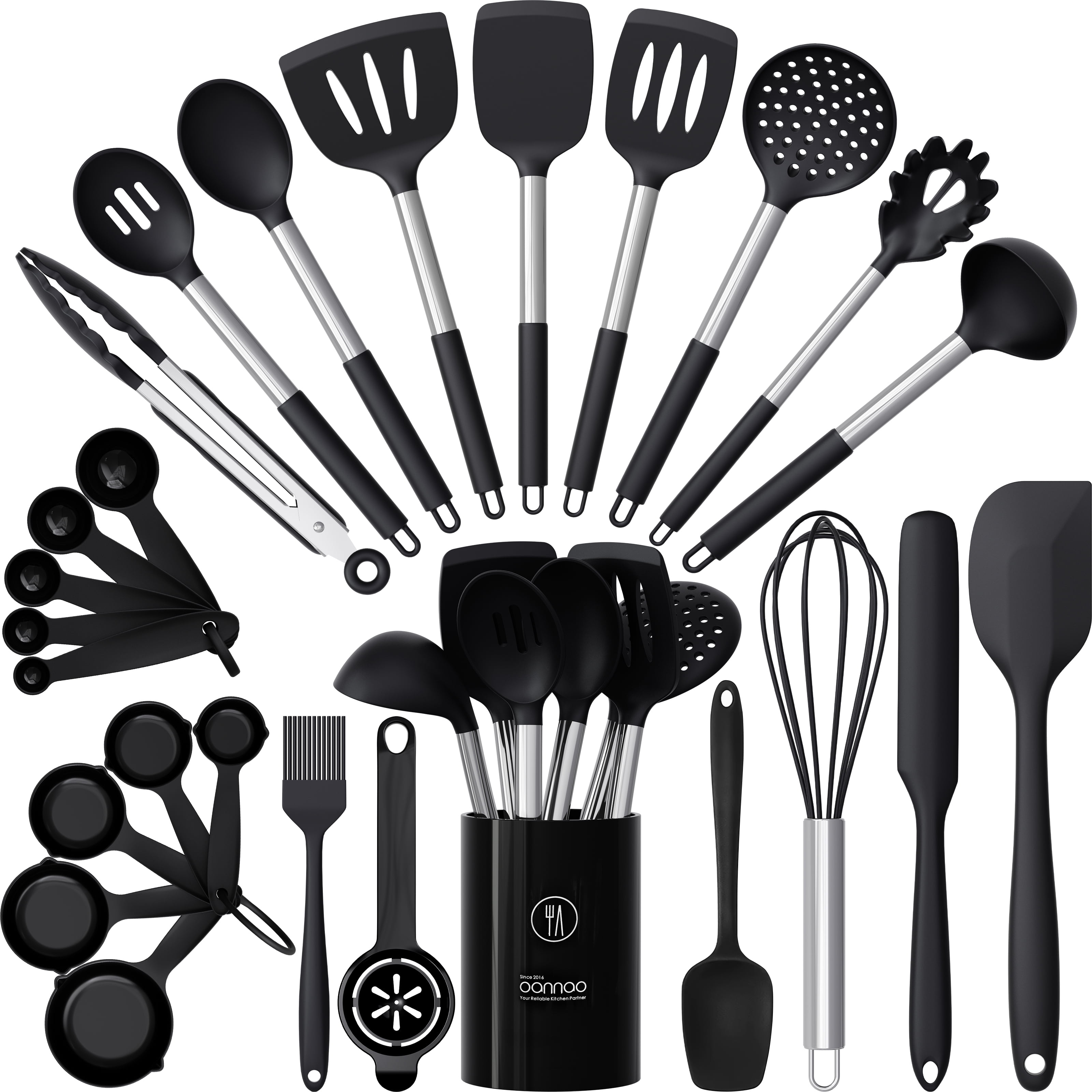 Large Silicone Cooking Utensils Set - Heat Resistant Kitchen Utensils Sets,Spatula,Spoon,Turner Tongs,Brush,Whisk,Stainless Steel Silicone Cooking Utensil for Nonstick Cookware Dishwasher Safe (Black
