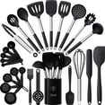 thumbnail image 1 of Large Silicone Cooking Utensils Set - Heat Resistant Kitchen Utensils Sets,Spatula,Spoon,Turner Tongs,Brush,Whisk,Stainless Steel Silicone Cooking Utensil for Nonstick Cookware Dishwasher Safe (Black, 1 of 11