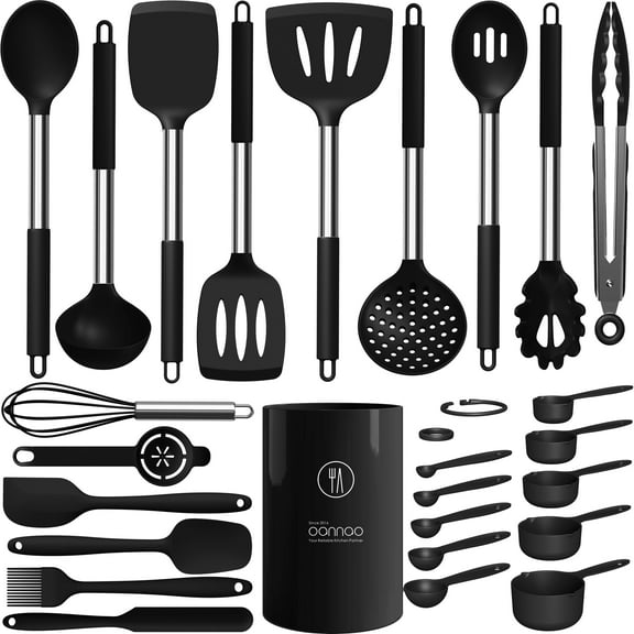 oannao Silicone Cooking Utensils Set - Heat Resistant Stainless Steel Kitchen Utensils, Baking Tools Kitchen Gadgets,Turner,Tongs,Spatula,Spoon,Brush,Whisk,Non-Stick Friendly, Dishwasher Safe (Black)