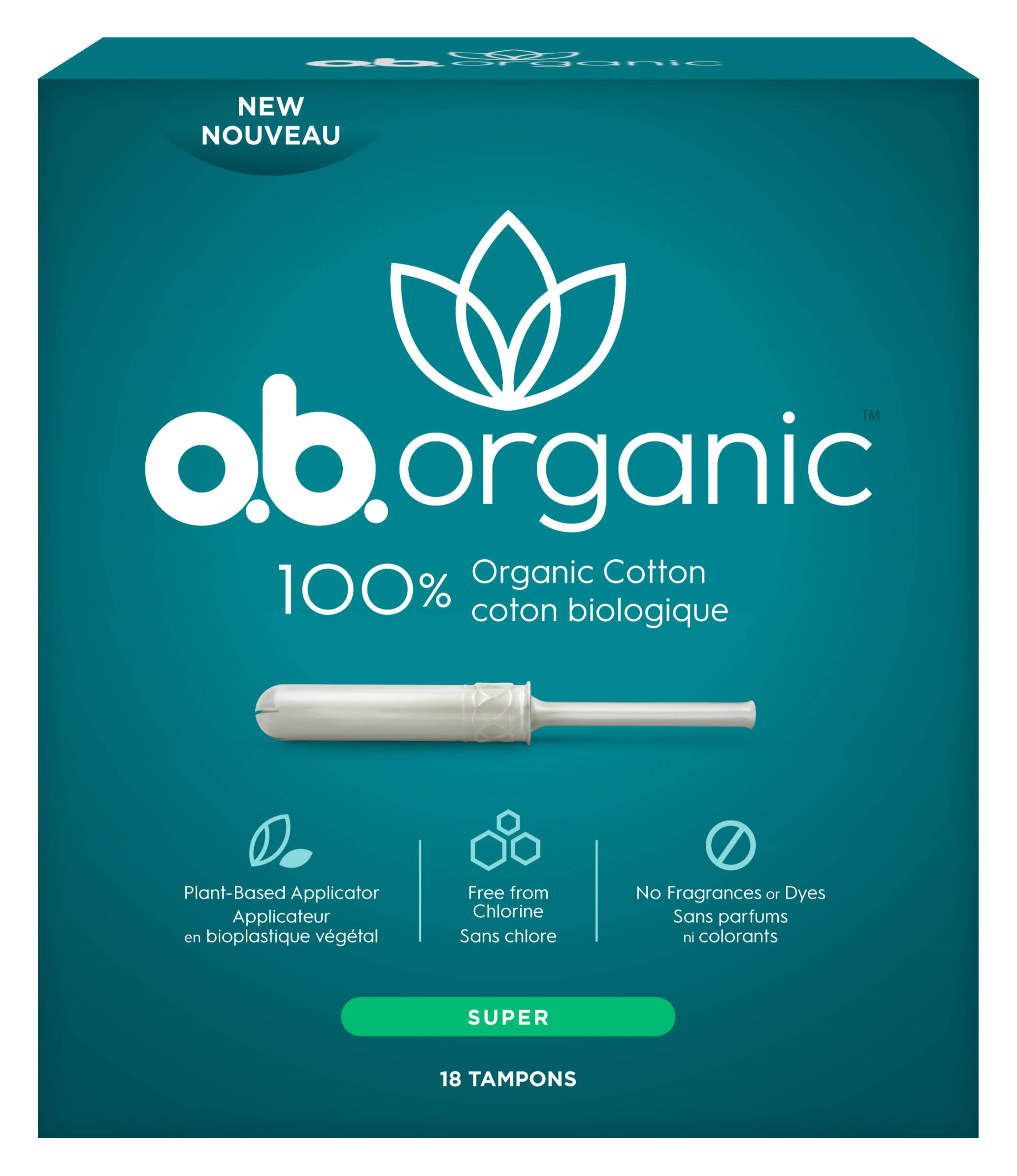 ob. Organic Plant-Based Applicator Tampons, Unscented, Super, 18 Ct - image 1 of 6