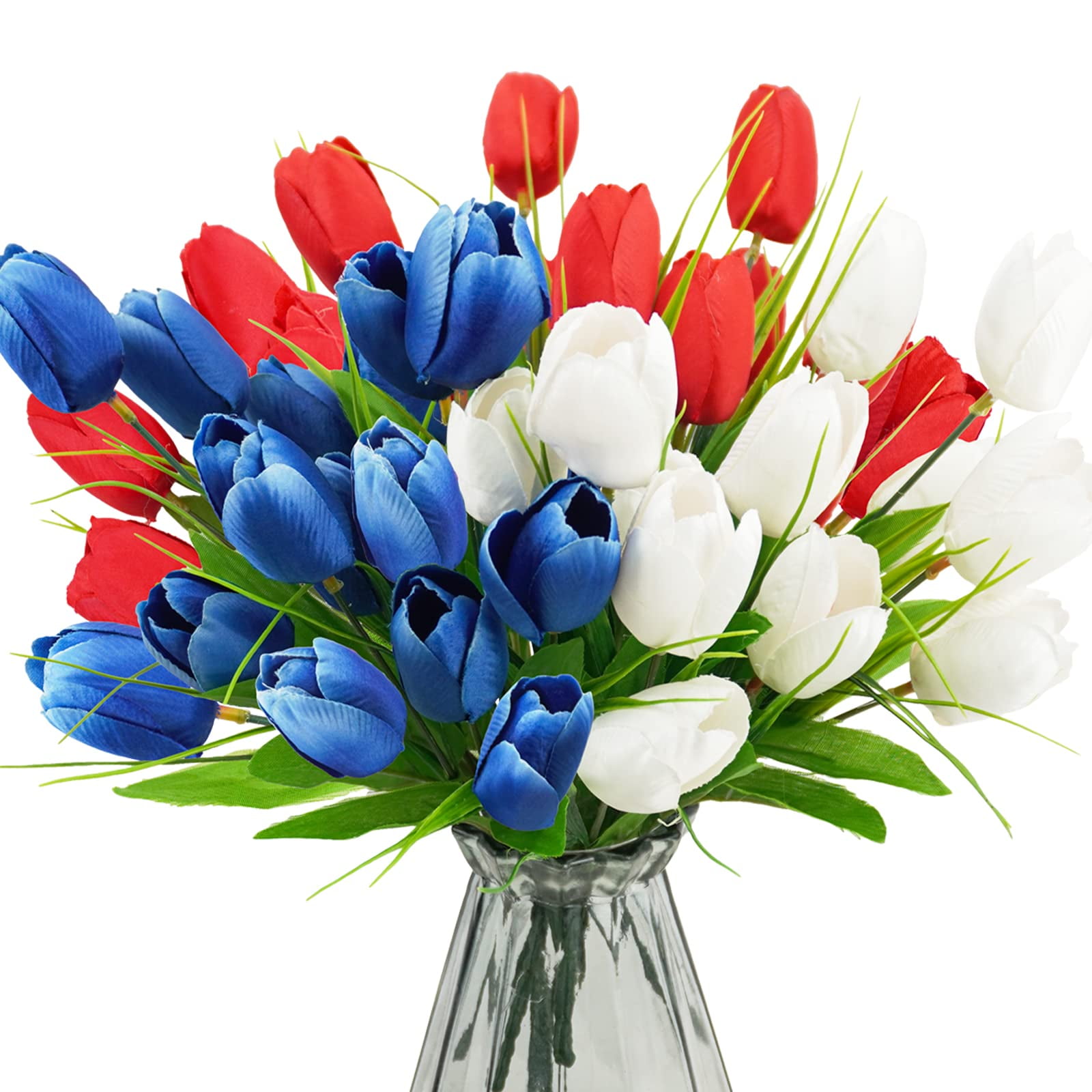 obbsie Patriotic Artificial Tulip Flowers, 13" Fake Red White and Blue