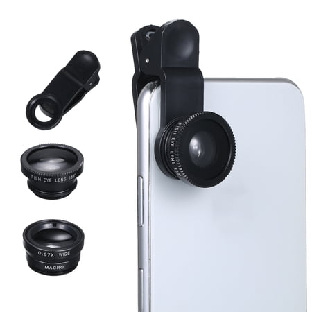 obile Phone 3 in 1 Camera Lens Kit Clip-on Phone Lens Kit 180° Fisheye Lens & 0.67X Wide Angle Lens & Macro Lens with Clip Pouch Compatible with iOS Android Phones
