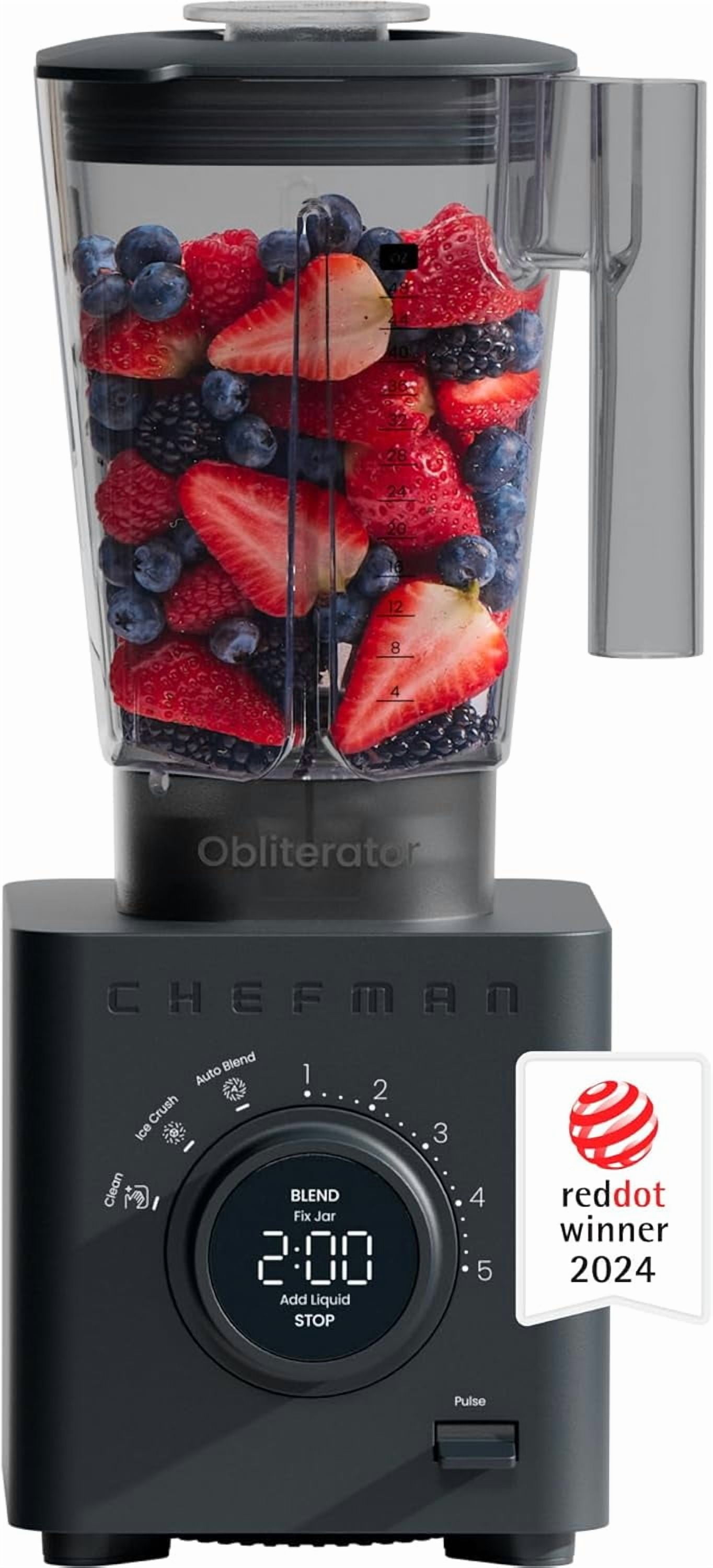 **obliterator 48 oz countertop blender for smoothies, 1380w motor to crush ice, nuts, and frozen fruit with stainless steel blade, auto blend function, includes tamper and scraper - midnight