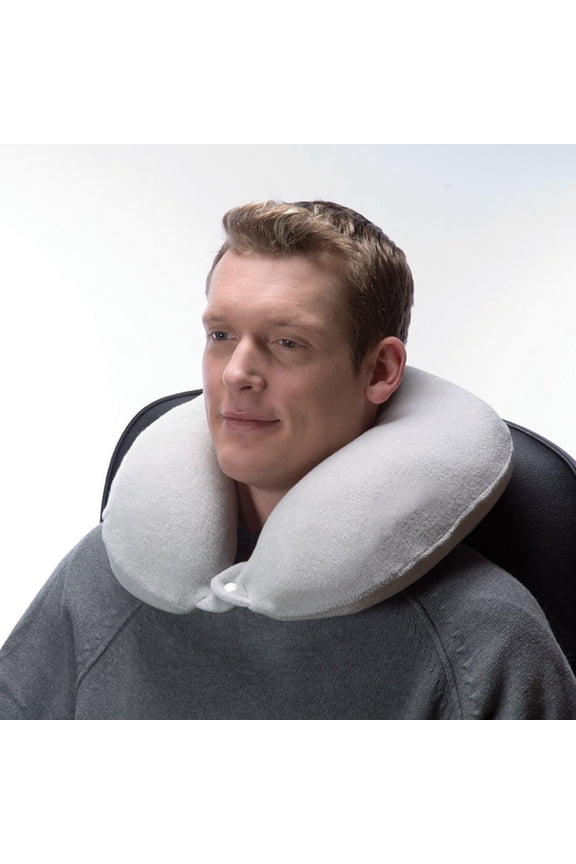 the travel neck pillow, memory foam construction conforms to the unique contours of your body, perfectly suited for travel, button clasp helps prevent pillow from slipping off, luxurious